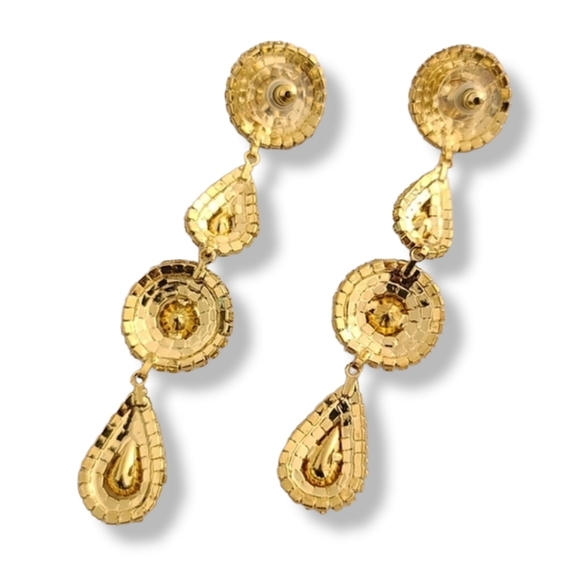 AURORA BOREALIS CZ Gold Teardrop Discs Statement Earrings Evening Wedding - Picture 8 of 12